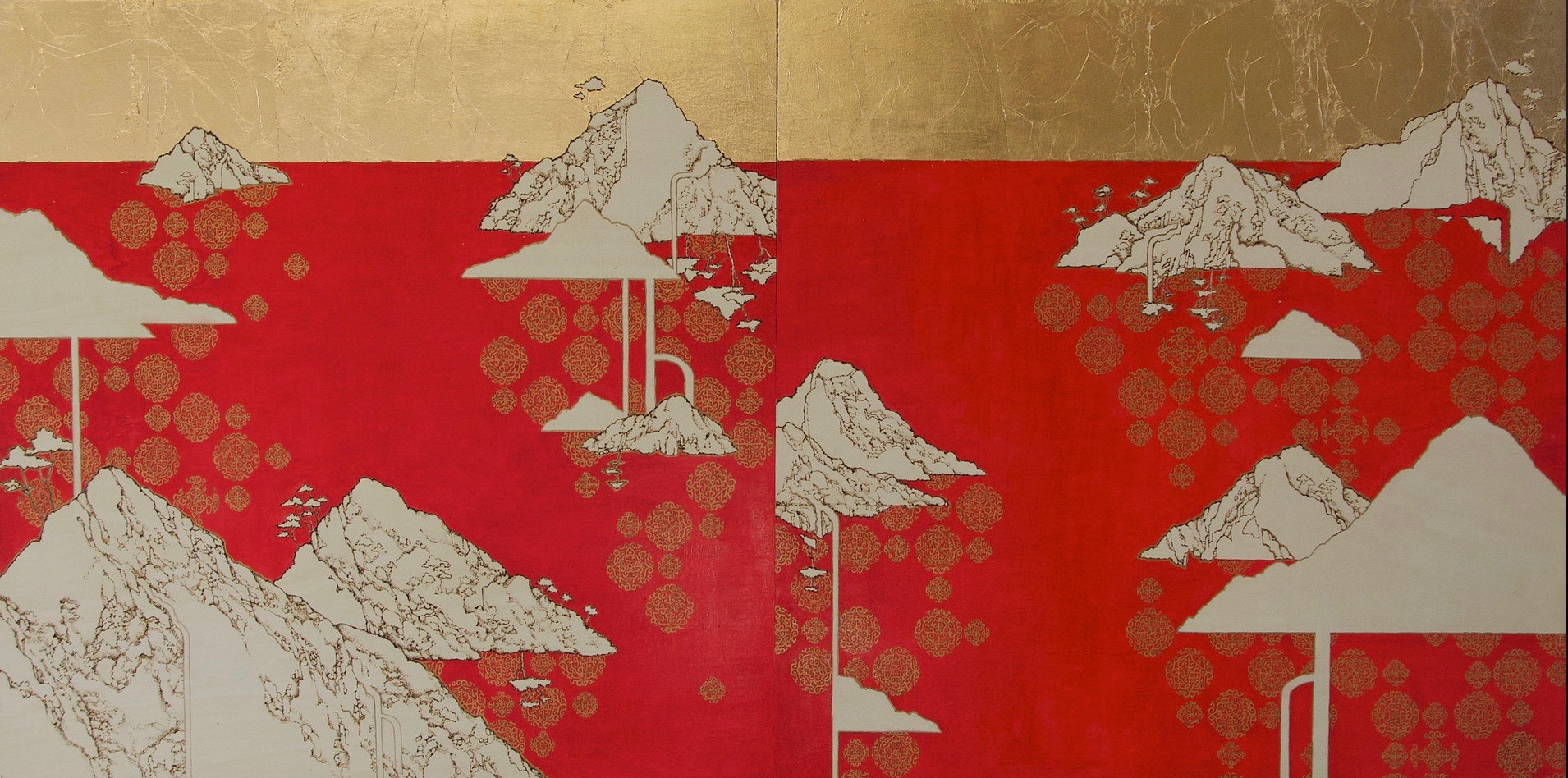 gold leaf pyography mixed media